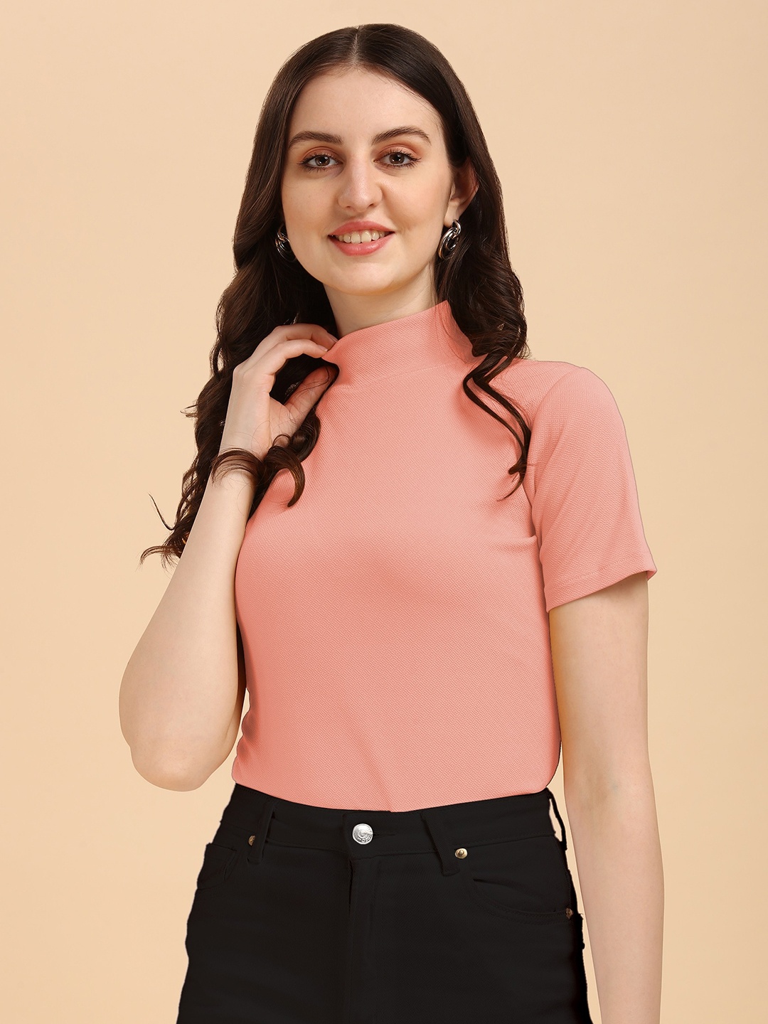 

Wedani Pink Solid High Neck Knitted Monochrome Scuba Top
