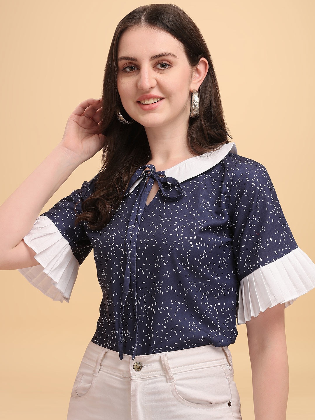 

Wedani Navy Blue Print Tie-Up Neck Top