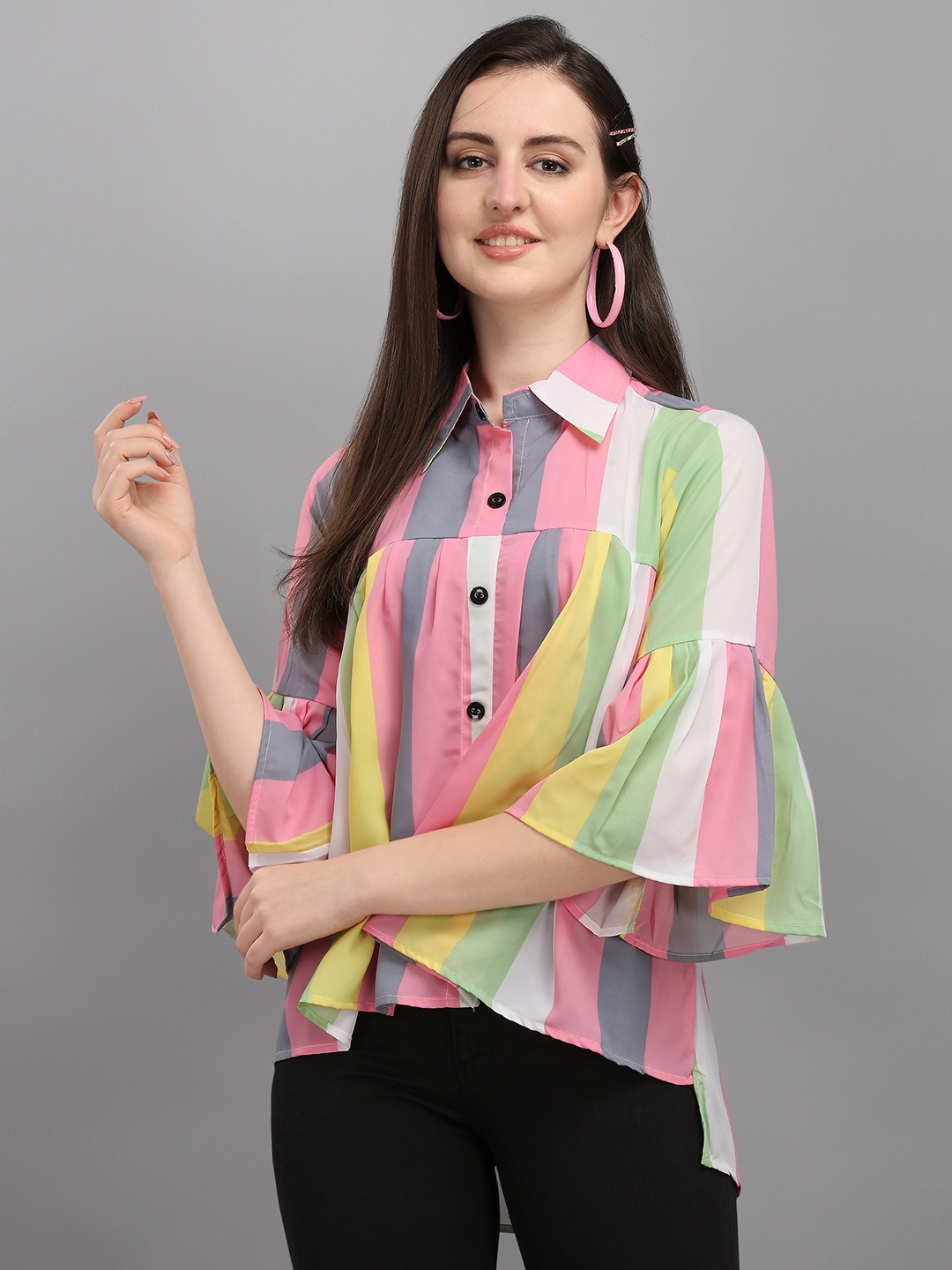 

Wedani Pink Striped Linen Shirt Style Top