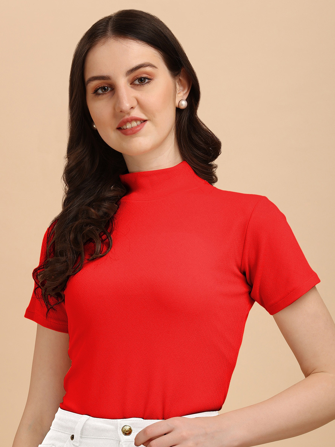 

Wedani Women Red High Neck Solid Top