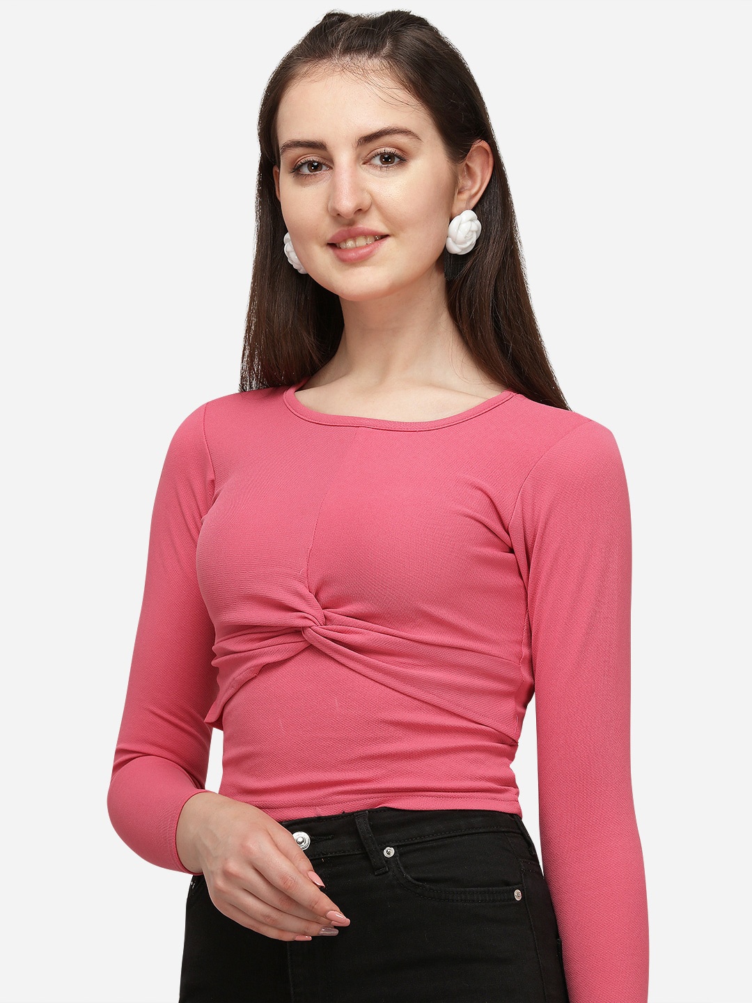 

Wedani Women Pink Scuba Full Sleeves Solid Top