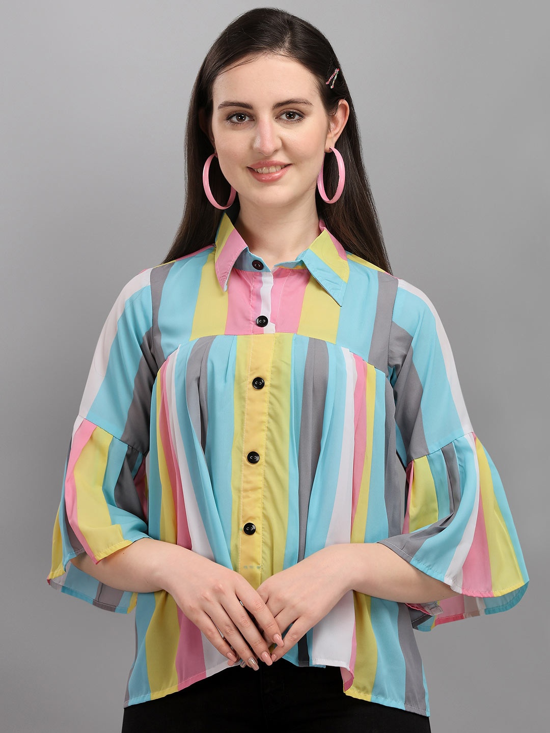 

Wedani Blue Striped Linen Shirt Style Top