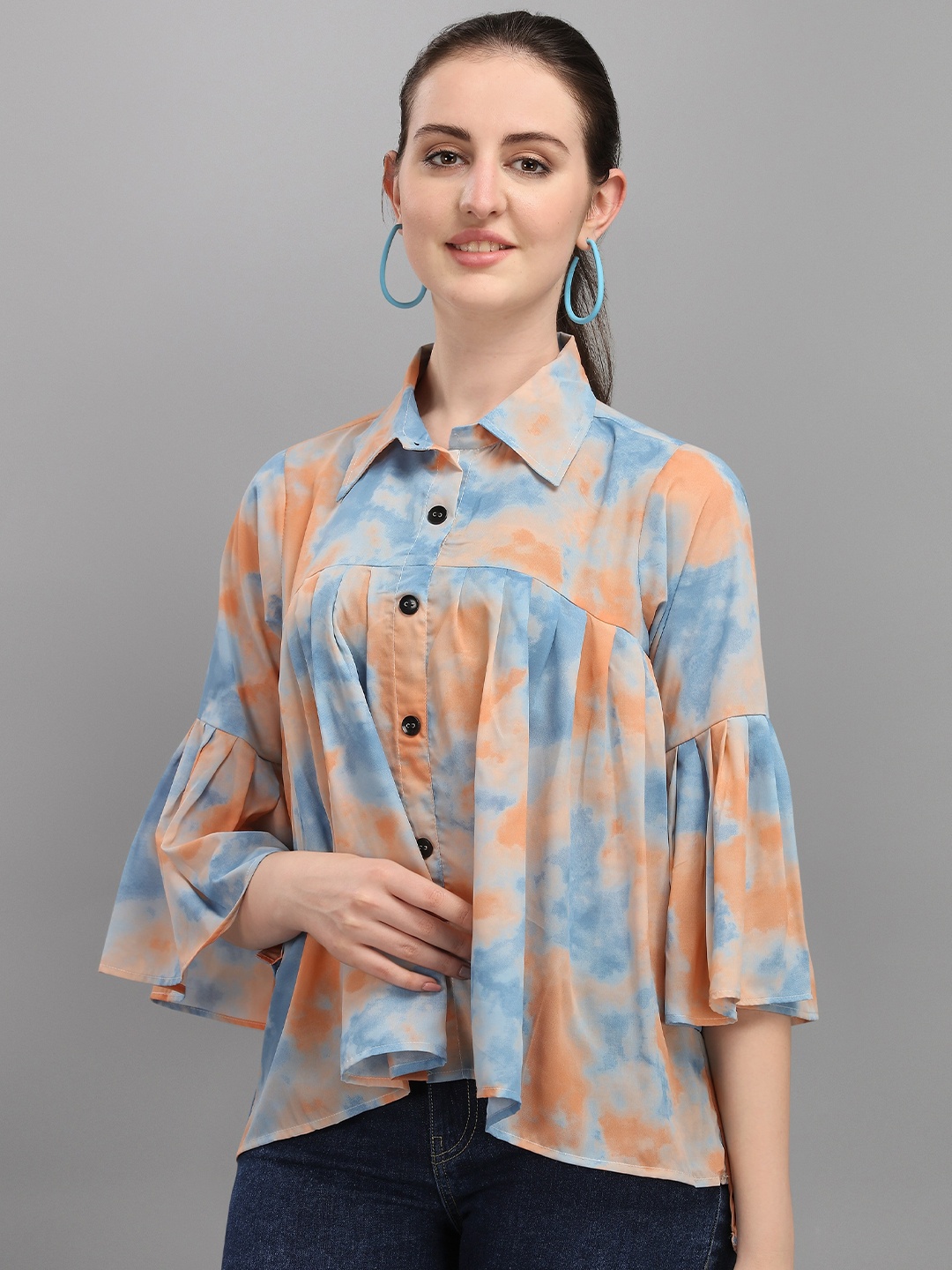 

Wedani Orange Tie and Dye Linen Shirt Style Top