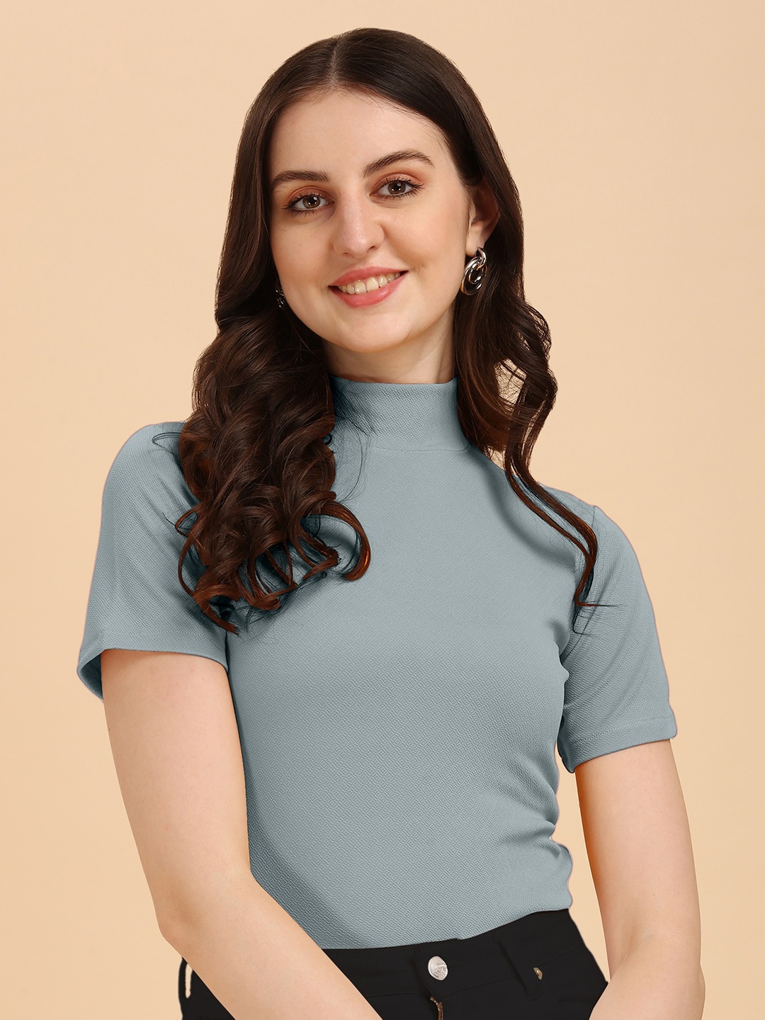 

Wedani Grey Solid High Neck Top