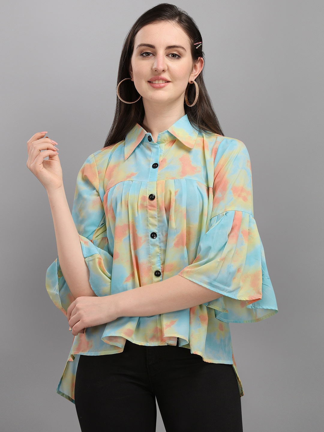 

Wedani Yellow & Blue Print Linen Shirt Style Top