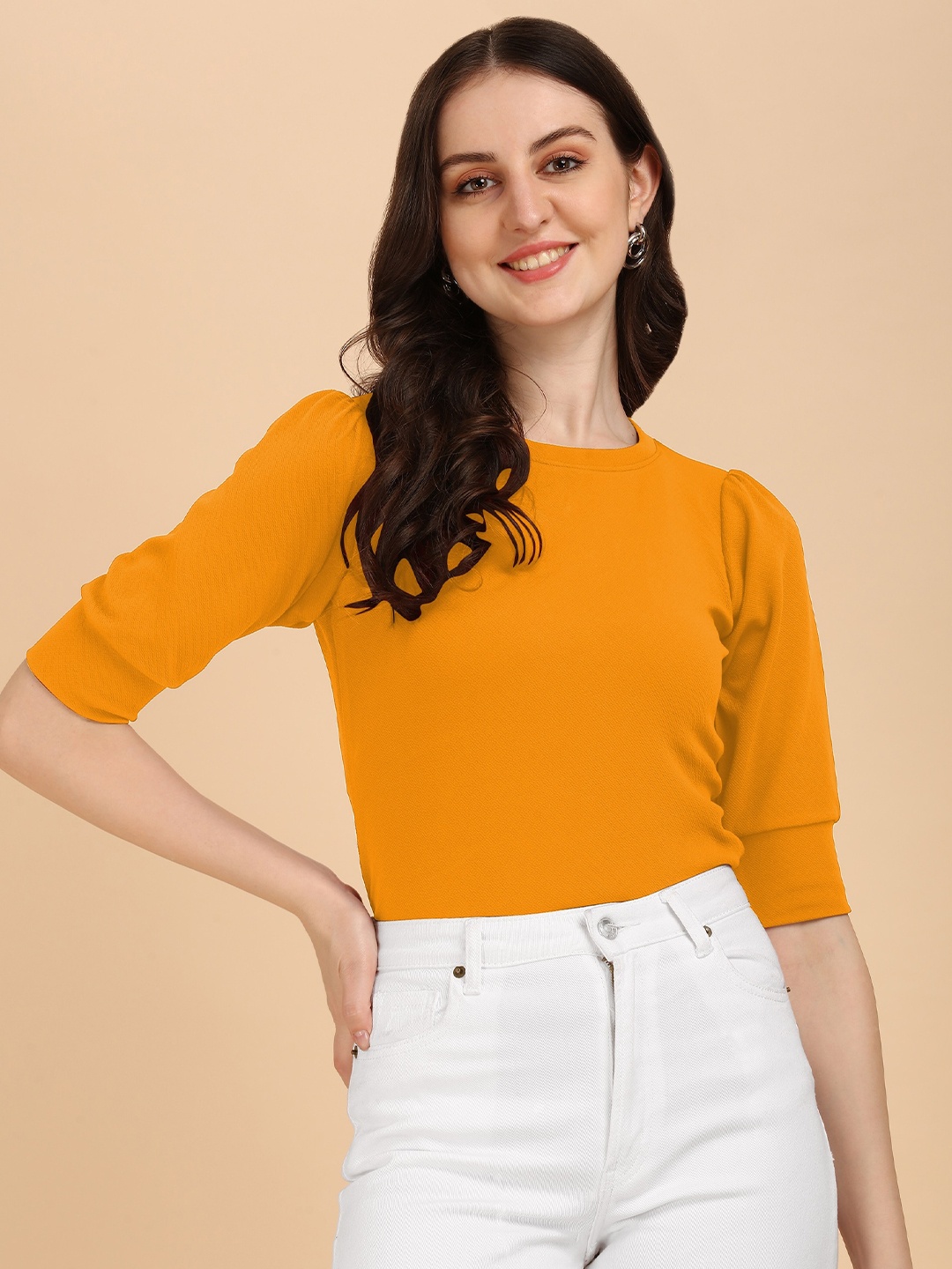 

Wedani Mustard Yellow Solid Knitted Scuba Top