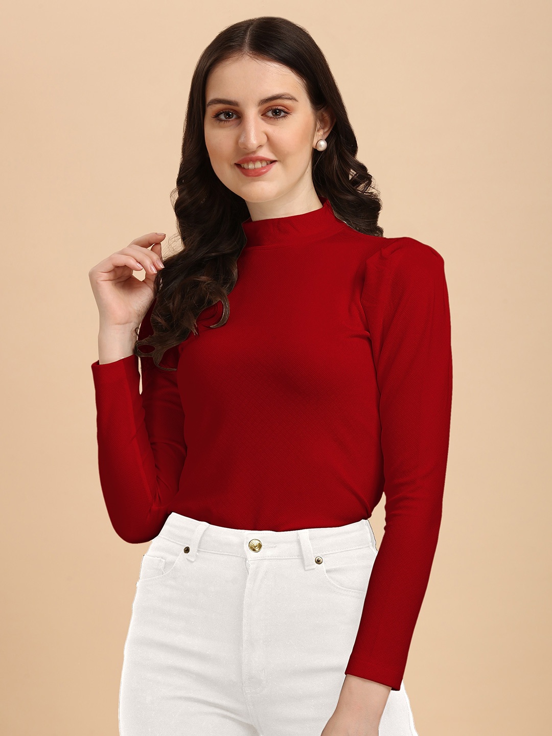 

Wedani Maroon High Neck Knitted Monochrome Scuba Top