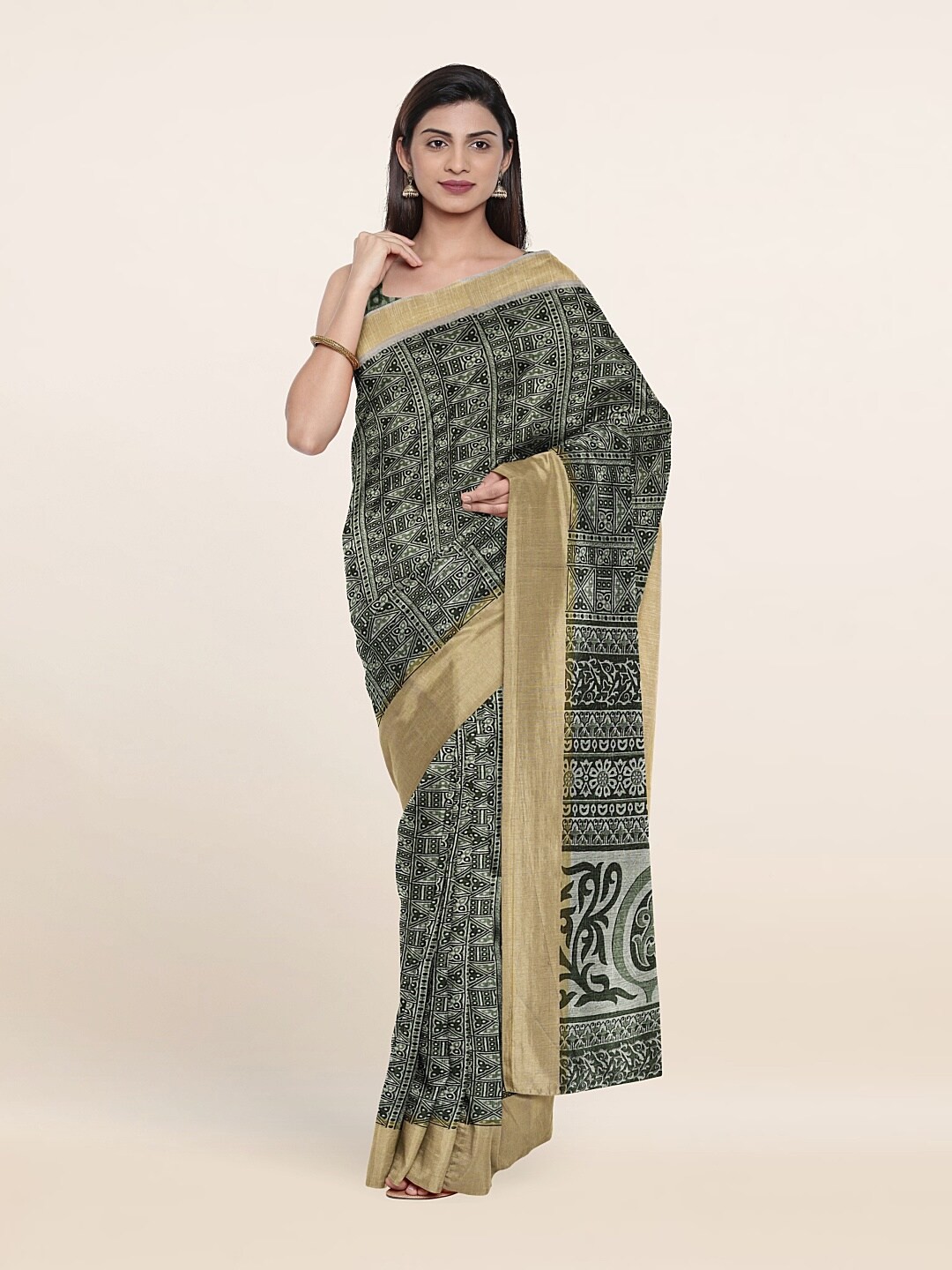 

Pothys Green & Gold-Toned Ethnic Motifs Zari Saree