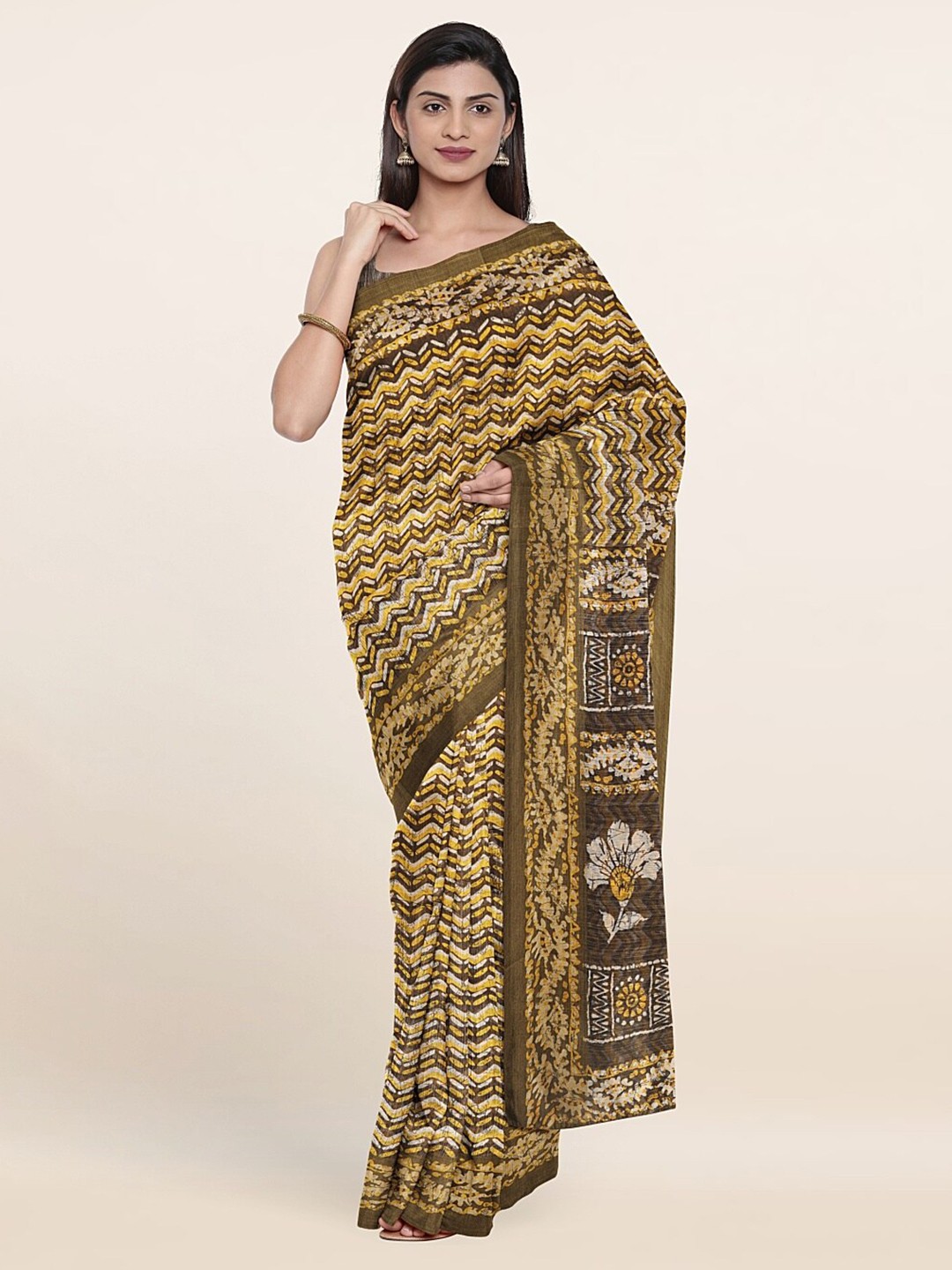 

Pothys Yellow & Brown Ethnic Motifs Printed Saree