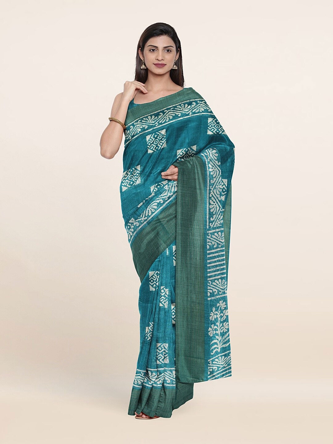 

Pothys Blue & Beige Ethnic Motifs Printed Cotton Blend Saree
