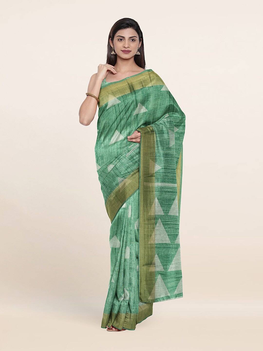 

Pothys Green & Golden Printed Zari Saree