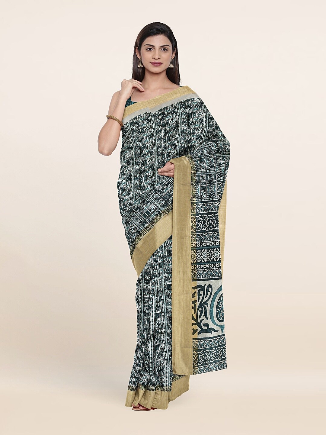 

Pothys Blue & Gold-Toned Ethnic Motifs Zari Saree