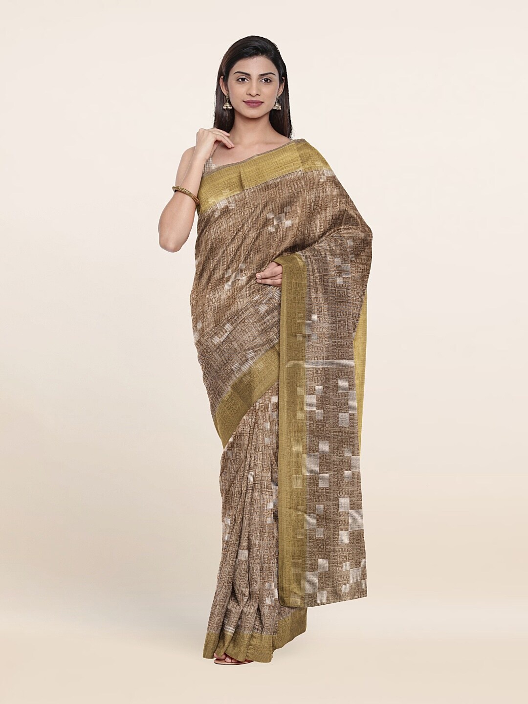 

Pothys Tan & Gold-Toned Printed Cotton Blend Saree