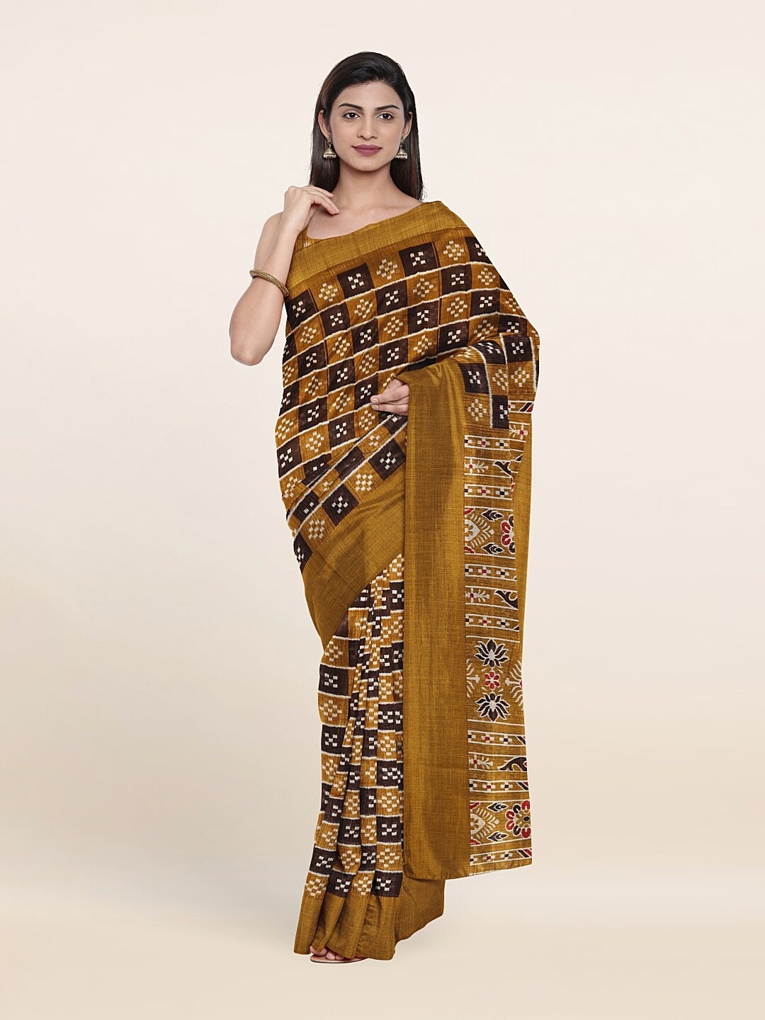 

Pothys Khaki & Black Geometric Printed Zari Saree