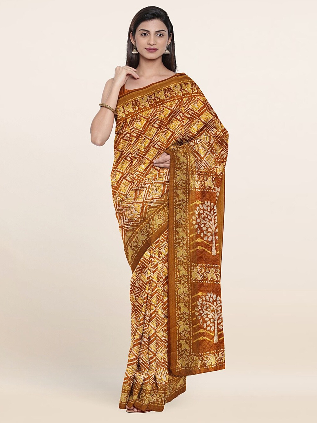 

Pothys Mustard & Gold-Toned Printed Cotton Blend Saree