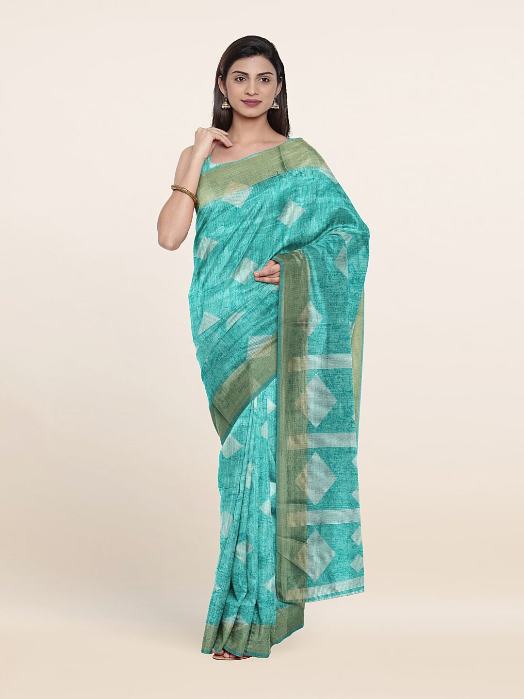 

Pothys Blue & Silver-Toned Geometric Printed Zari Saree