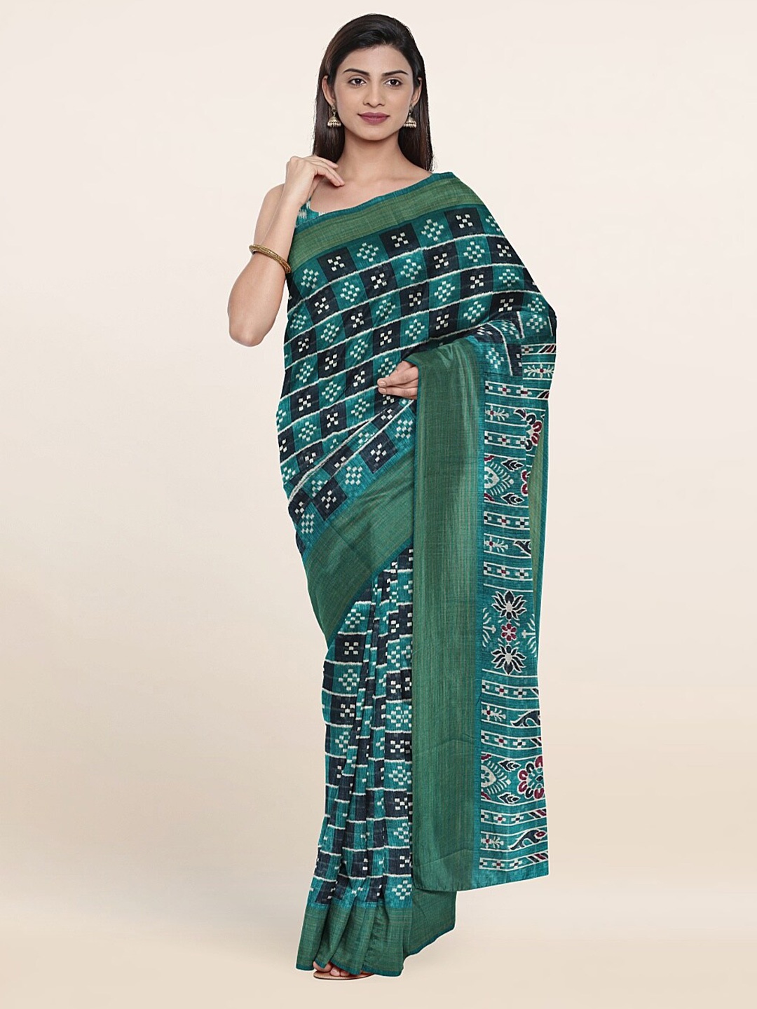 

Pothys Green & Red Geometric Zari Saree