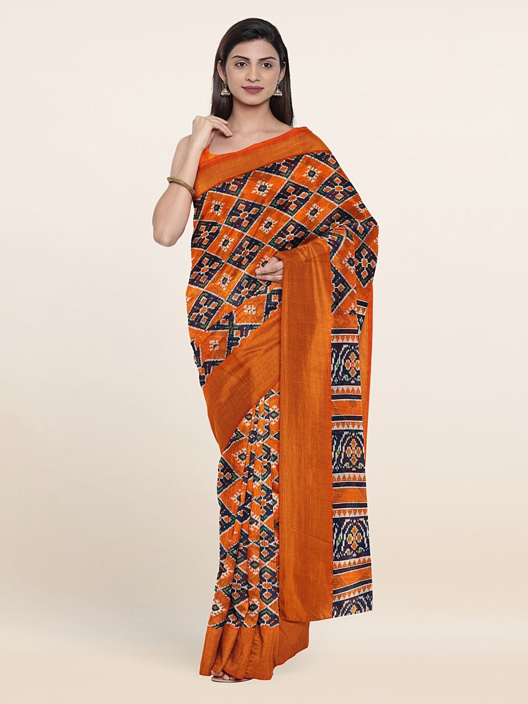 

Pothys Orange & Navy Blue Ethnic Motifs Zari Saree