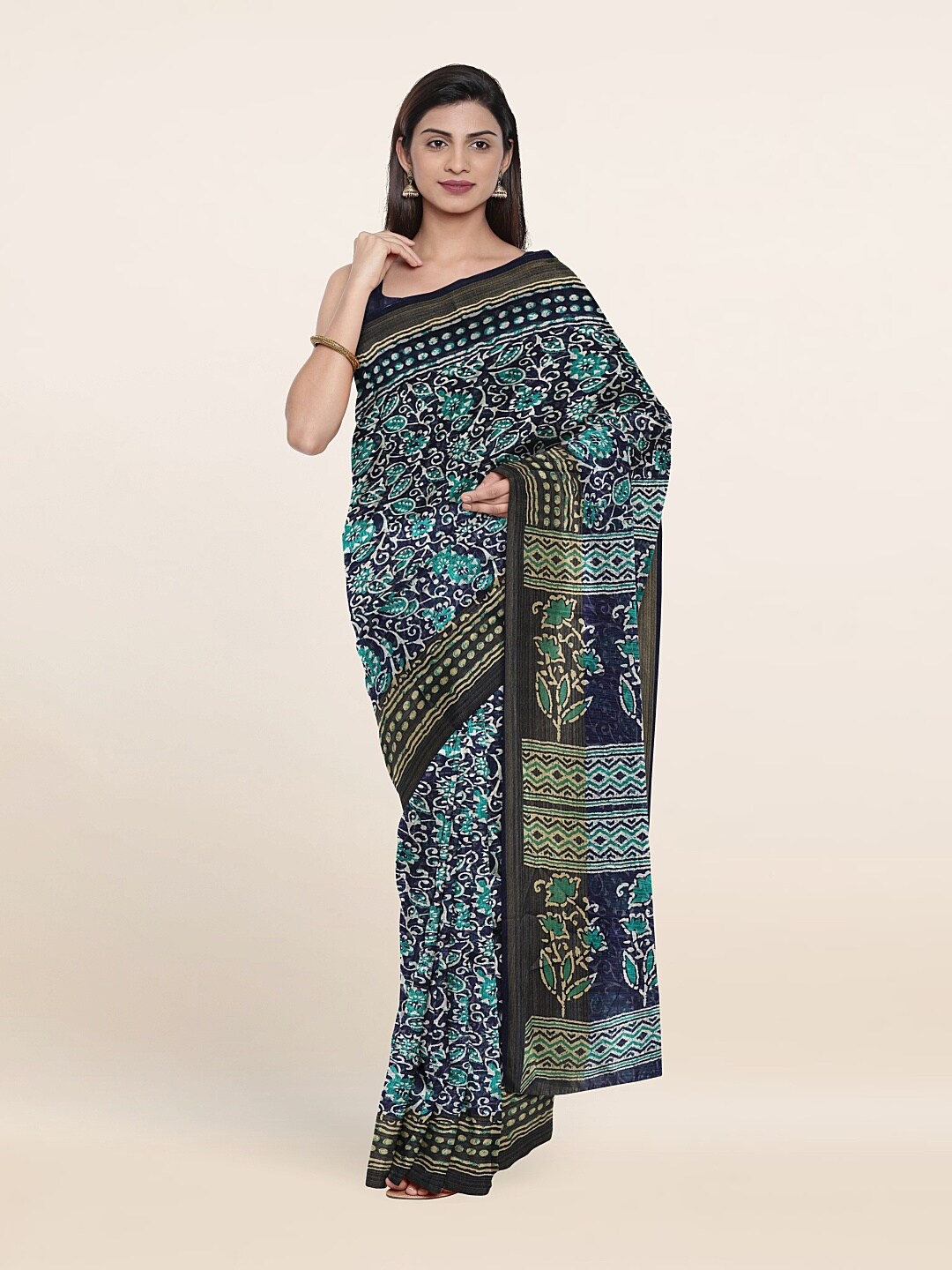 

Pothys Blue & Green Ethnic Motifs Printed Cotton Blend Saree
