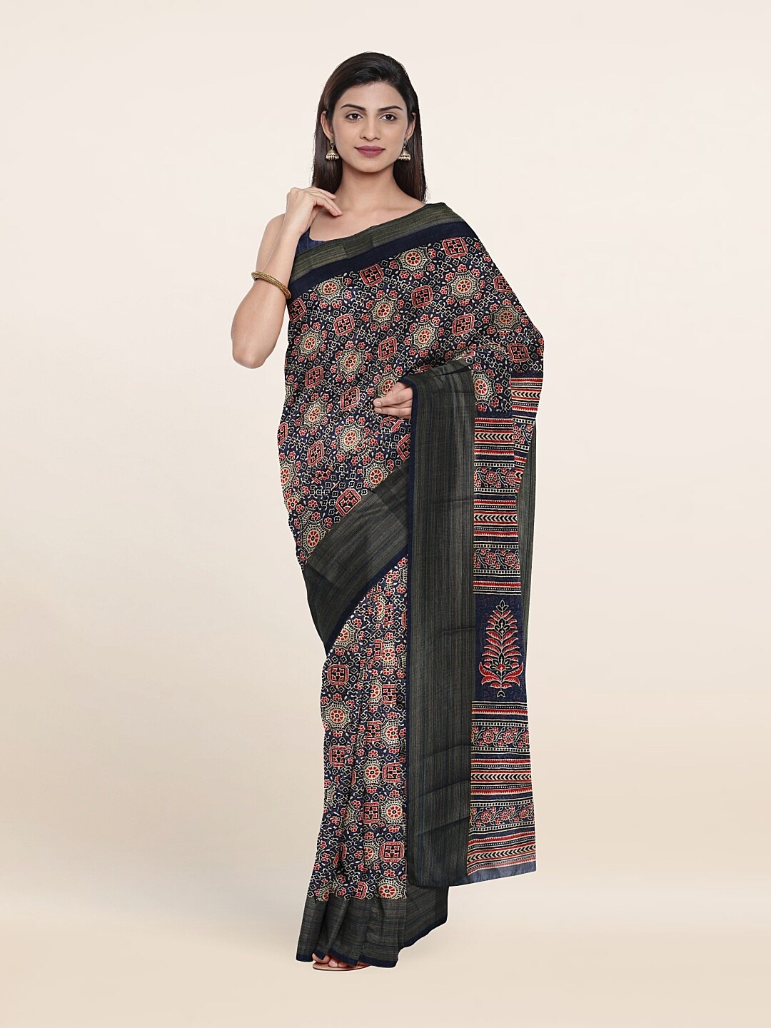 

Pothys Blue & Red Floral Printed Zari Saree