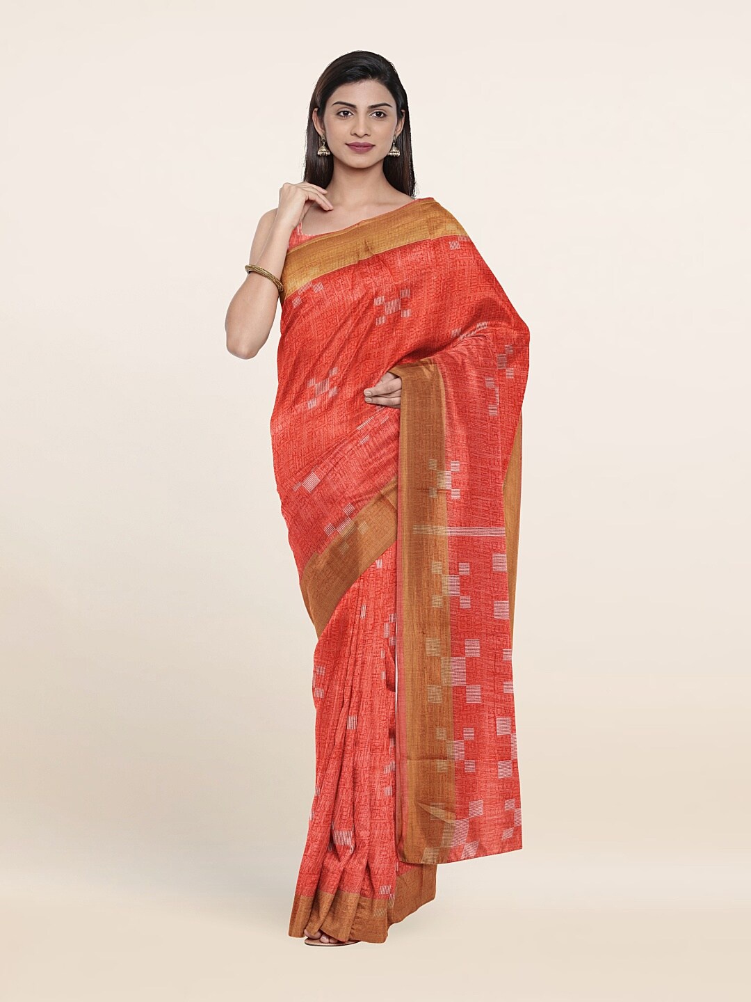 

Pothys Pink & White Geometric Printed Zari Saree