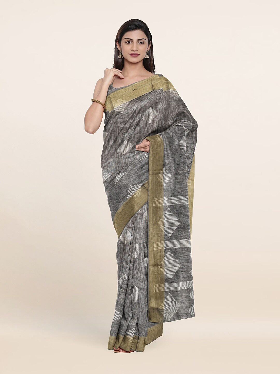 

Pothys Grey & White Printed Zari Saree