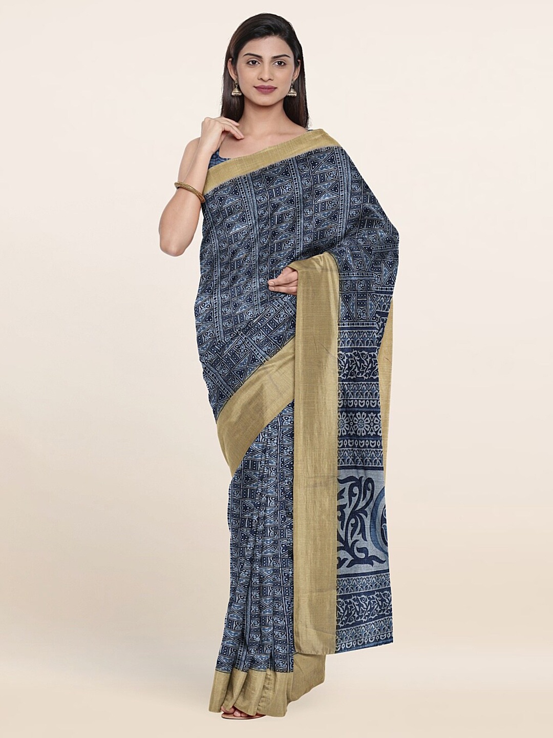 

Pothys Blue & Golden Ethnic Motifs Printed Zari Saree