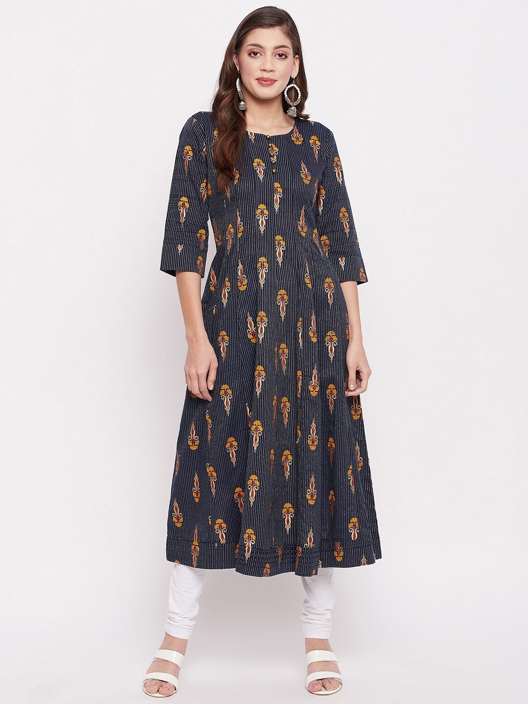 

One of a Kind Women Navy Blue & Yellow Ethnic Motifs Printed Anarkali Kurta
