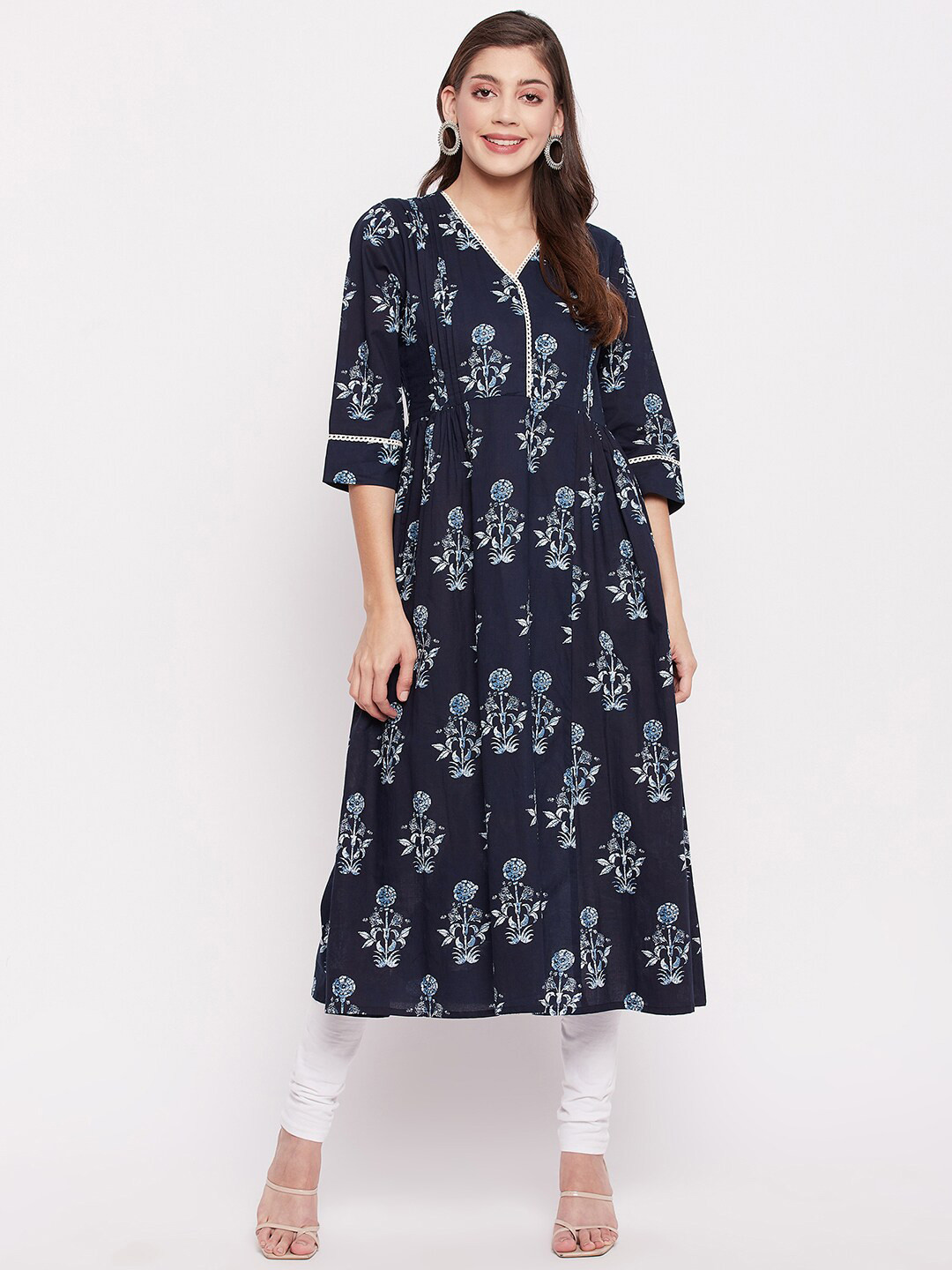 

One of a Kind Women Navy Blue & White Floral Printed Anarkali Kurta