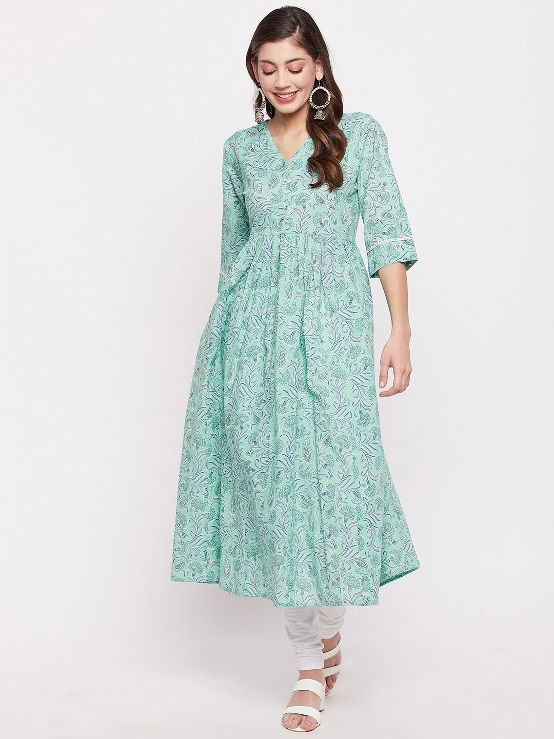 

One of a Kind Women Turquoise Blue Ethnic Motifs Printed Cotton Anarkali Kurta