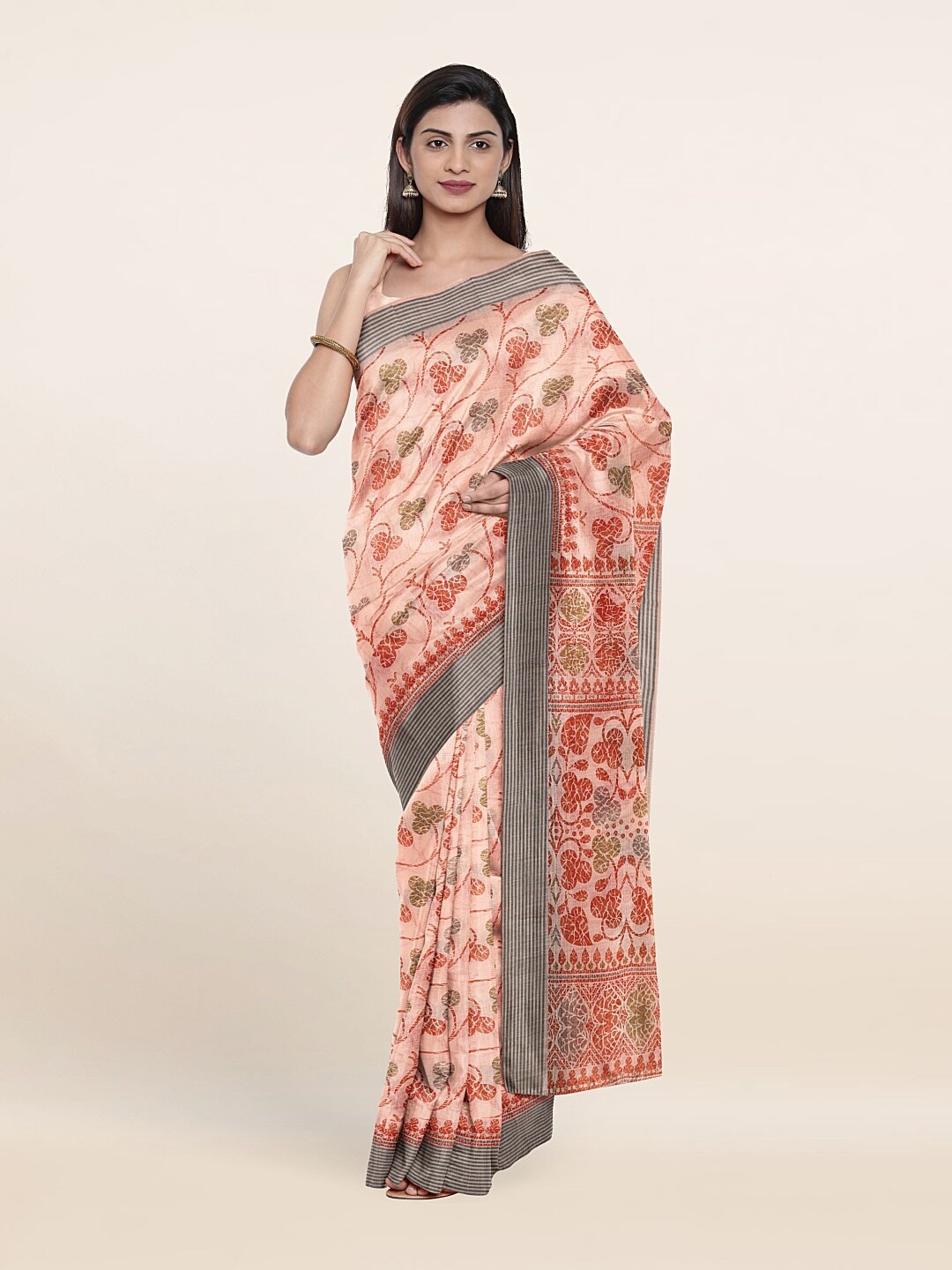 

Pothys Peach-Coloured & Green Floral Saree