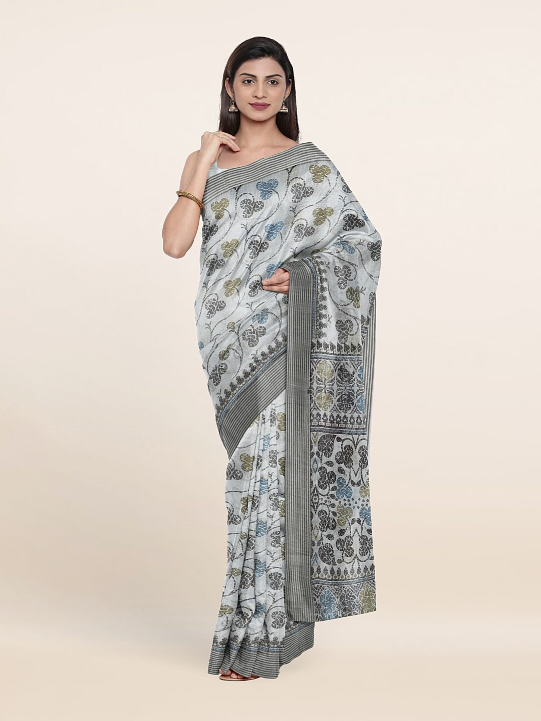 

Pothys Grey & Beige Floral Printed Zari Saree