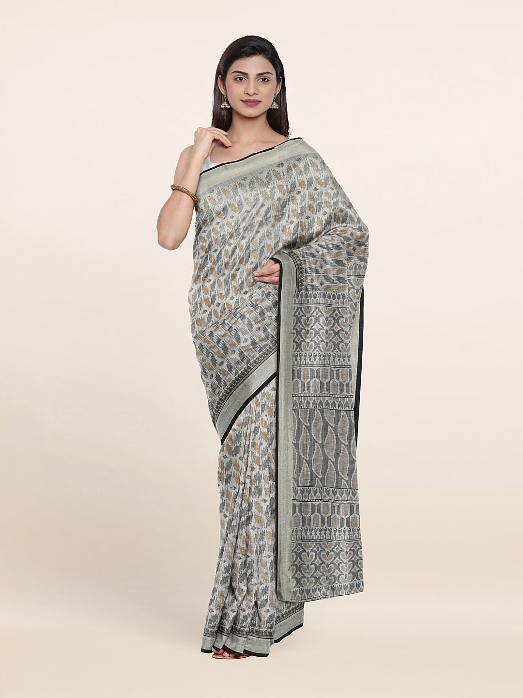 

Pothys Grey & Beige Printed Zari Saree