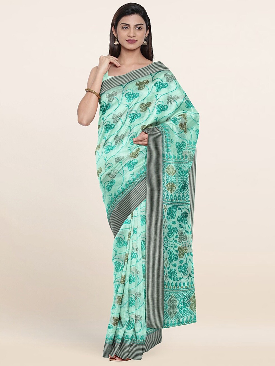 

Pothys Green & Black Floral Cotton Blend Saree