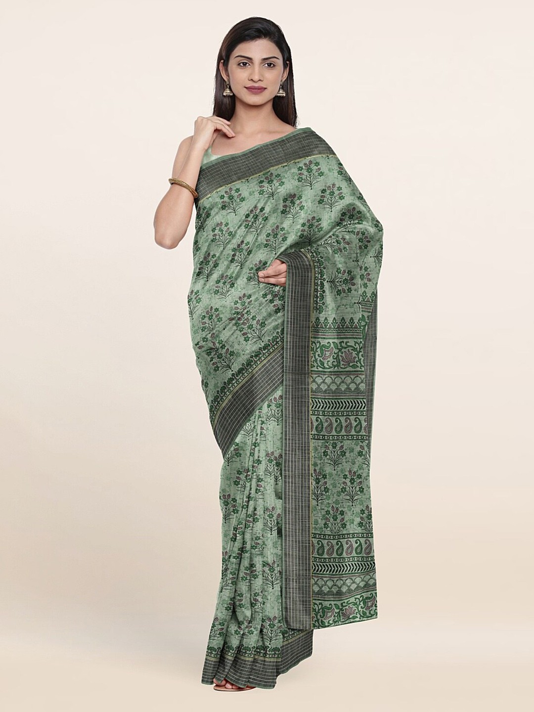 

Pothys Green & Brown Floral Printed Saree