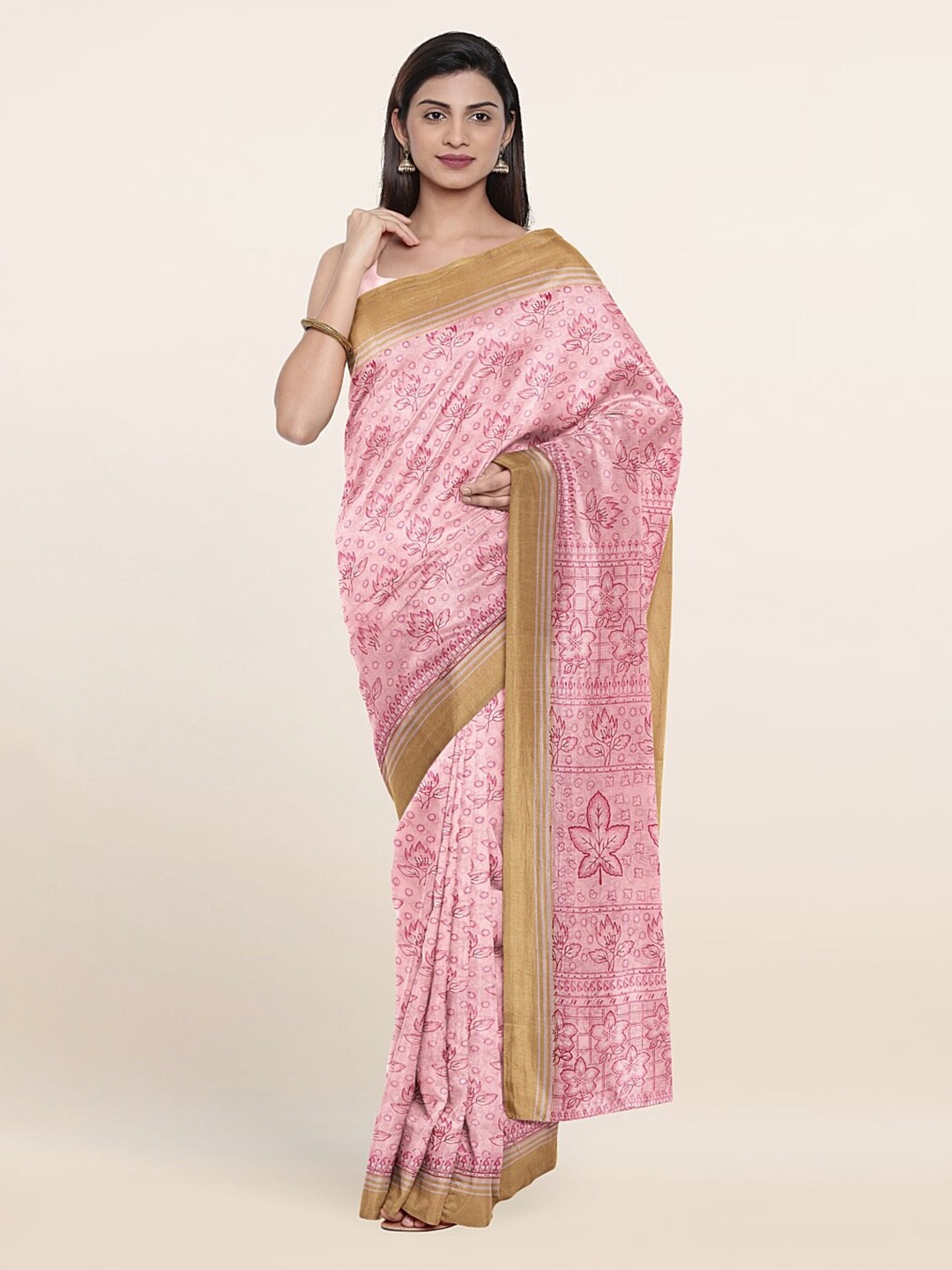 

Pothys Pink & Gold-Toned Floral Printed Cotton Blend Saree