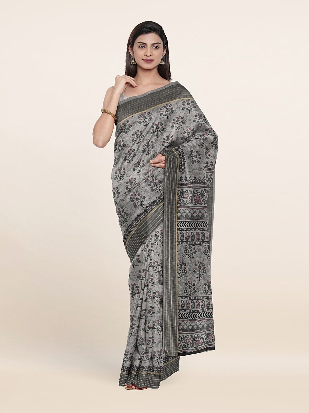 

Pothys Grey & Pink Floral Cotton Blend Saree