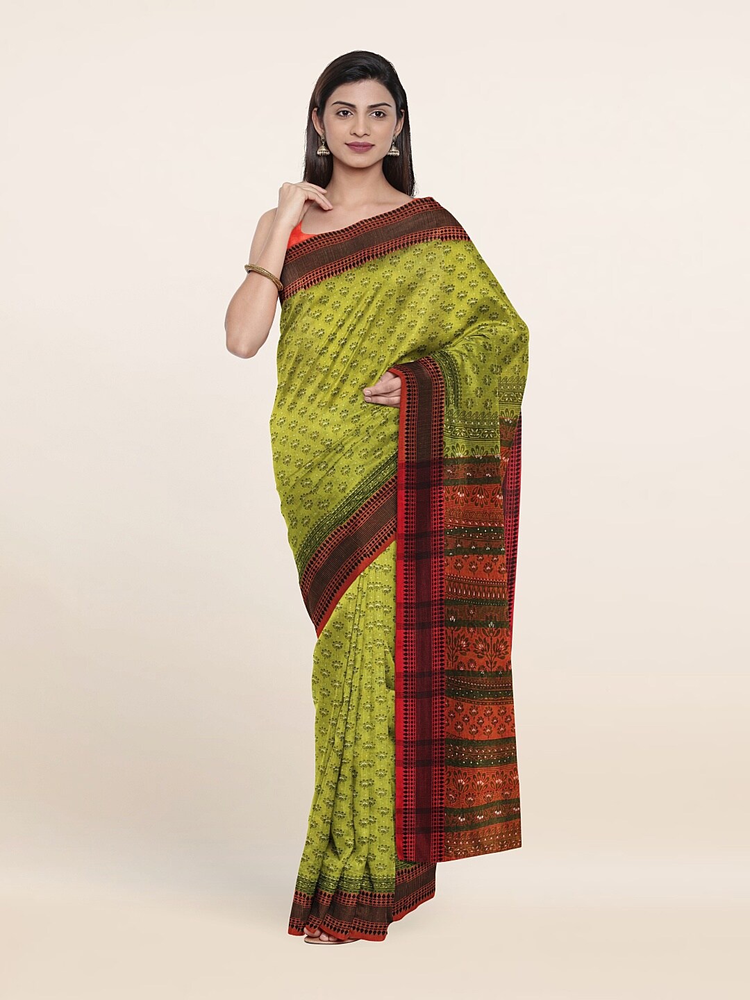 

Pothys Green & Red Floral Printed Cotton Blend Saree