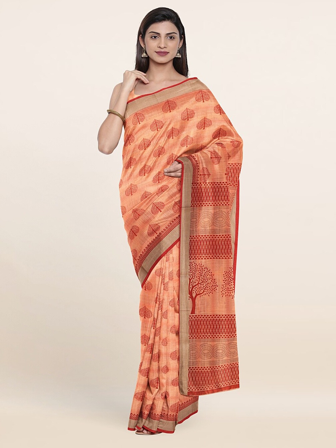 

Pothys Peach-Coloured & Red Ethnic Motifs Printed Saree