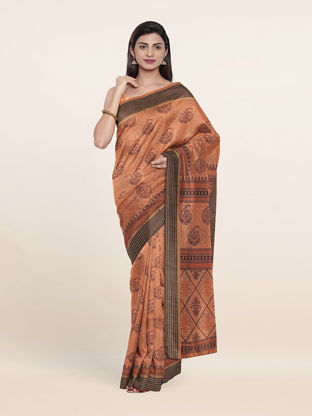 

Pothys Peach-Coloured & Grey Paisley Printed Saree