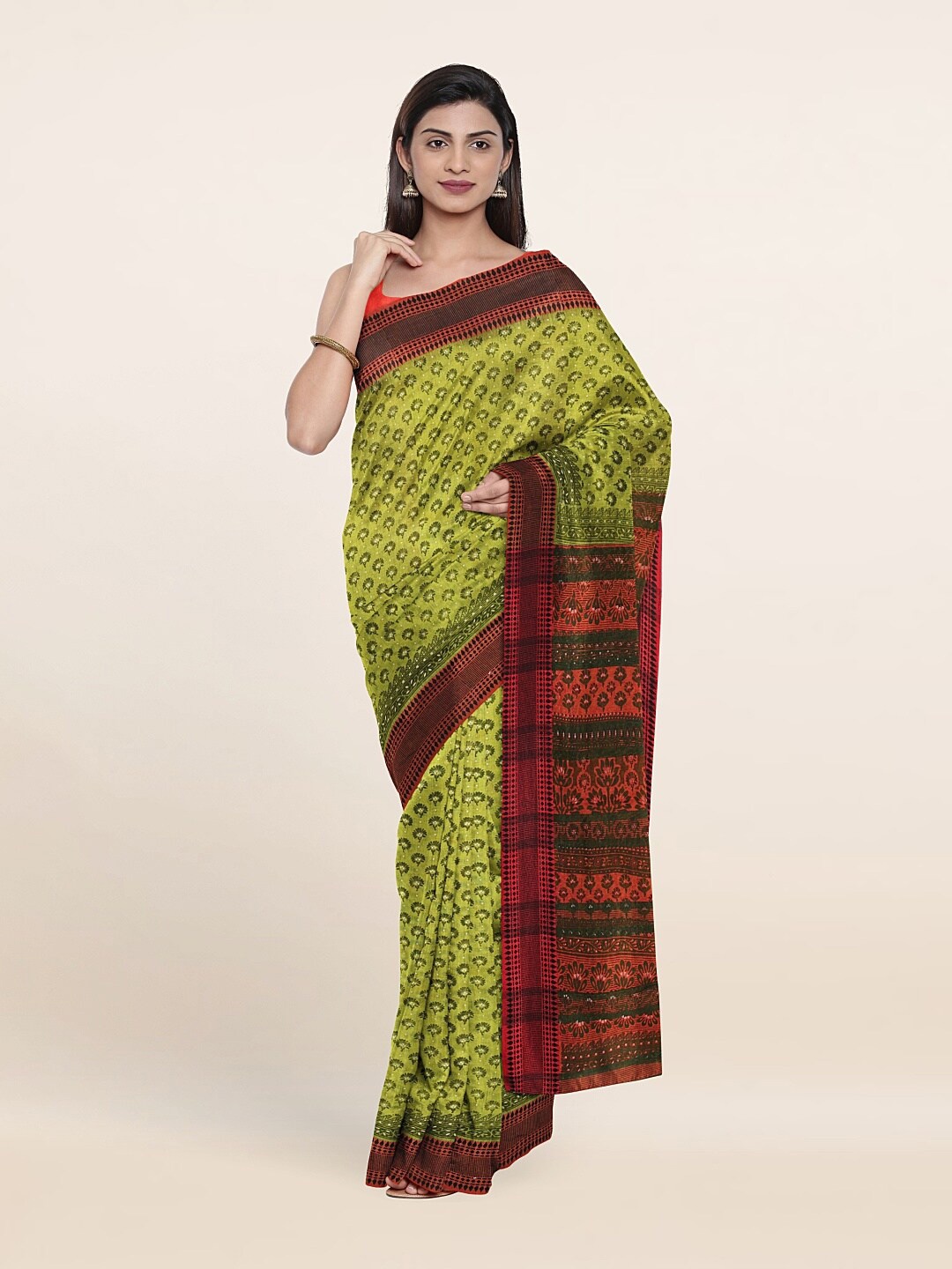 

Pothys Green & Maroon Floral Printed Saree