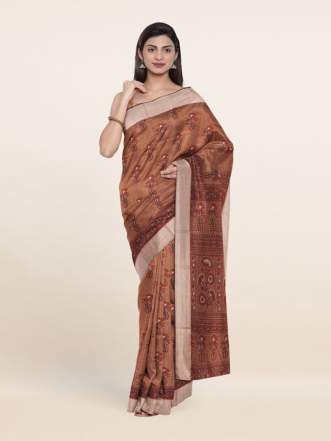 

Pothys Brown & Cream-Coloured Ethnic Motifs Cotton Blend Saree