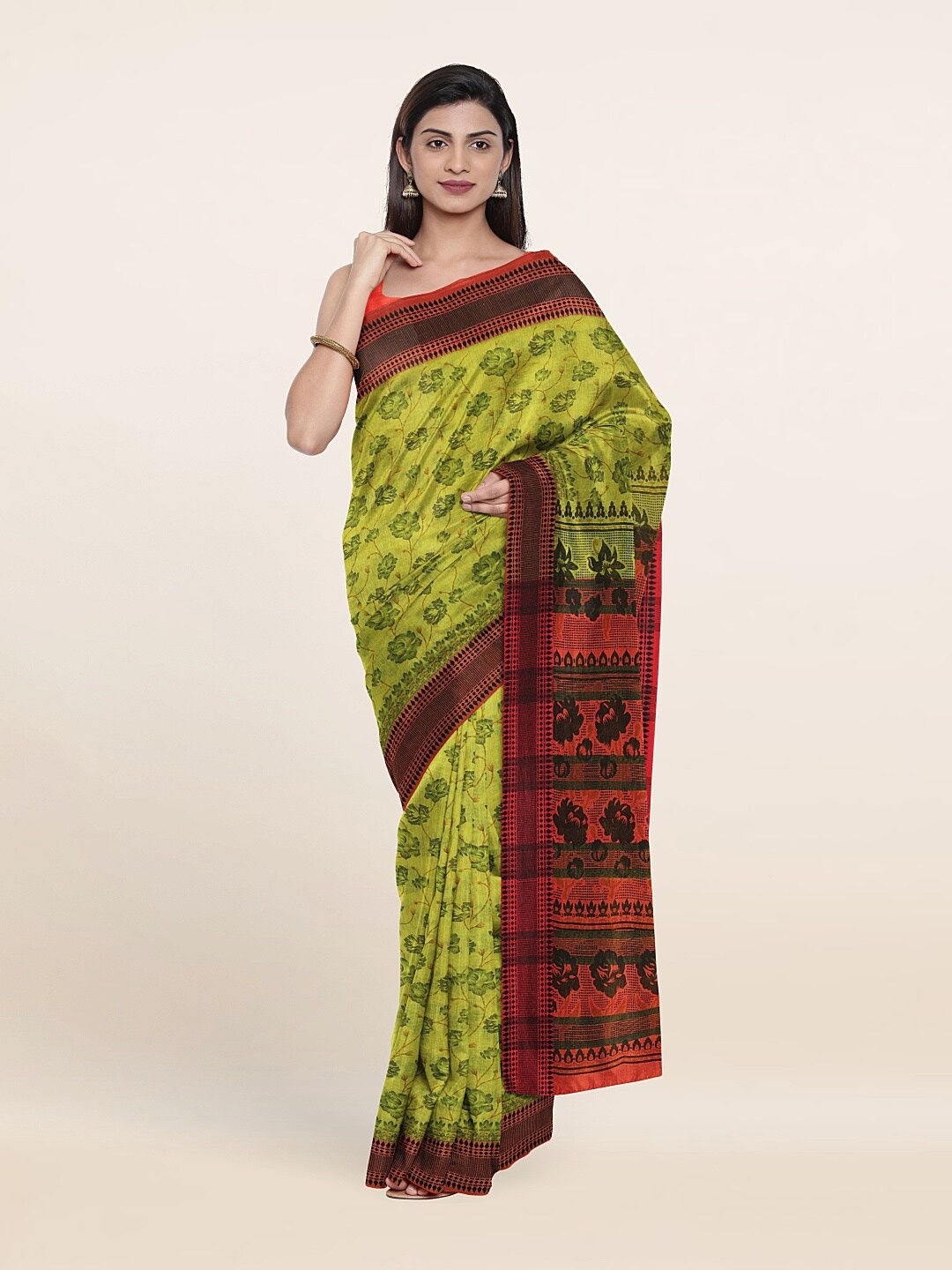 

Pothys Green & Red Floral Saree