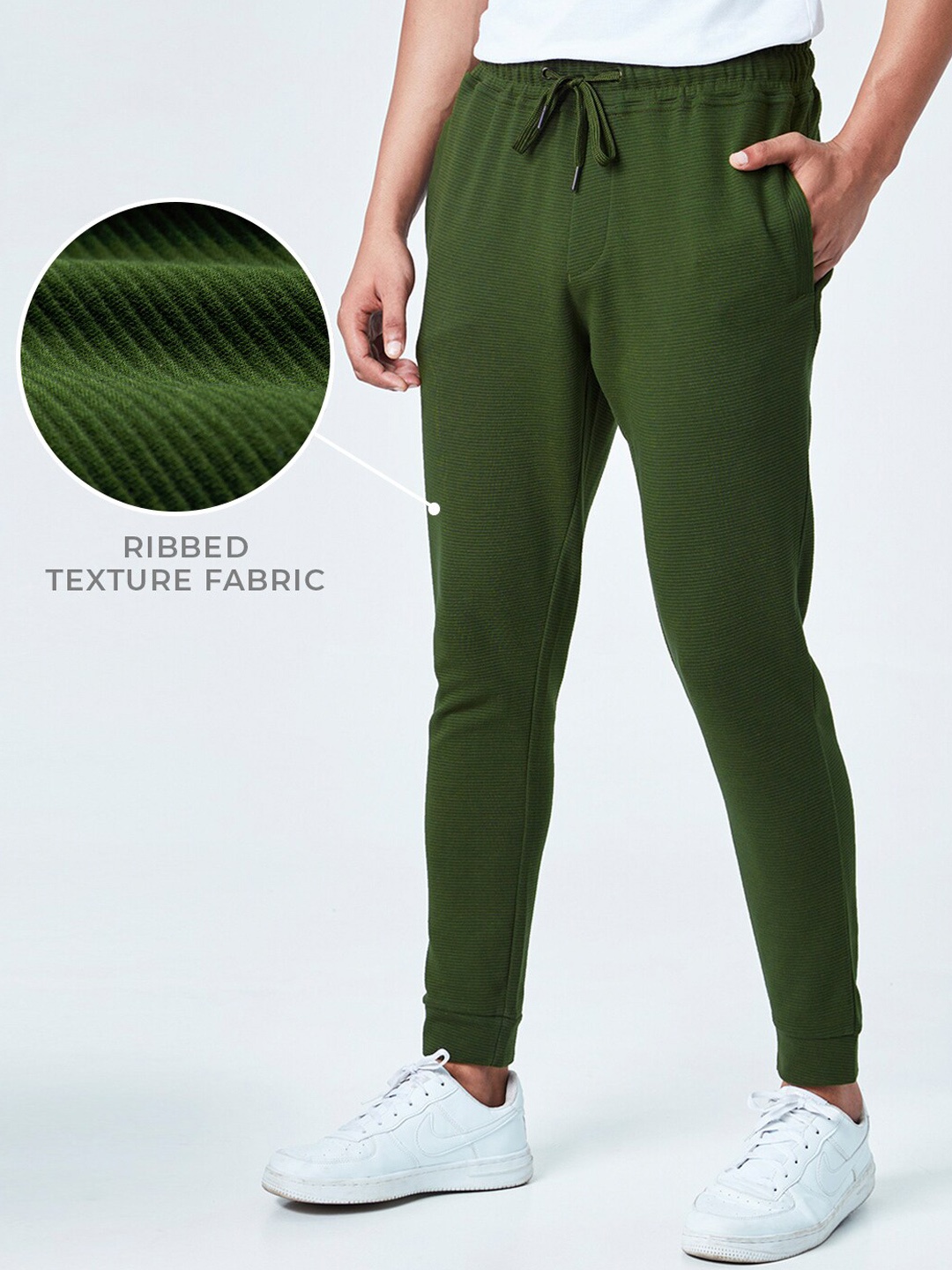 

The Souled Store Men Olive Green Ribbed Cotton Joggers