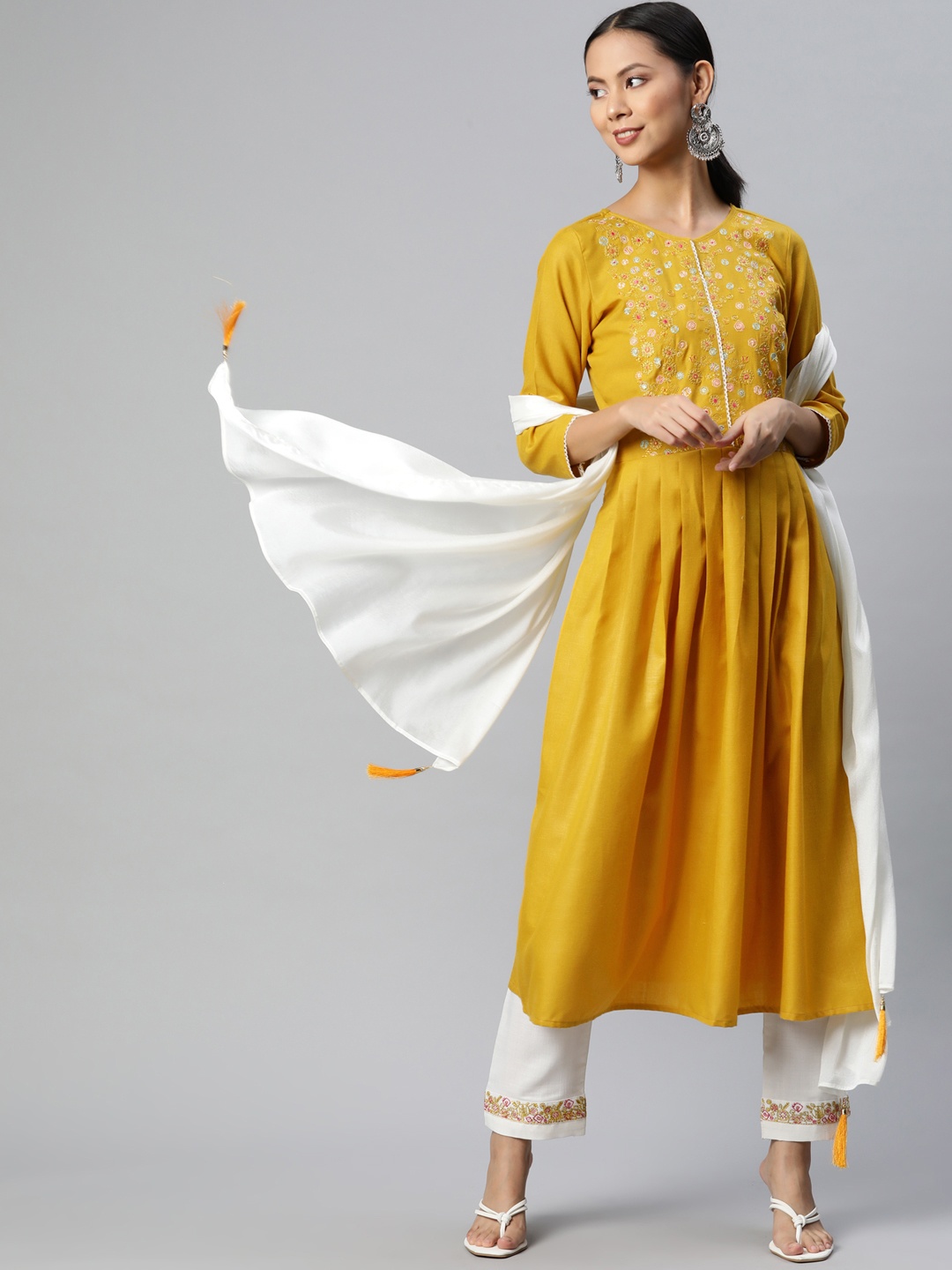 

SheWill Women Mustard Yellow Ethnic Motifs Embroidered Kurta with Trousers & Dupatta
