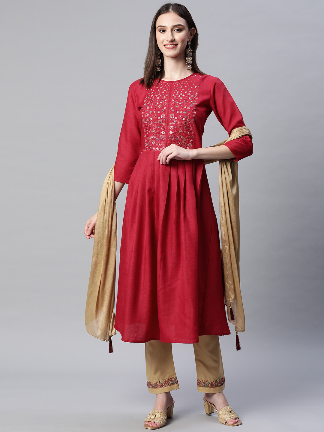 

SheWill Women Maroon Ethnic Motifs Embroidered Pleated Kurta with Trousers & With Dupatta