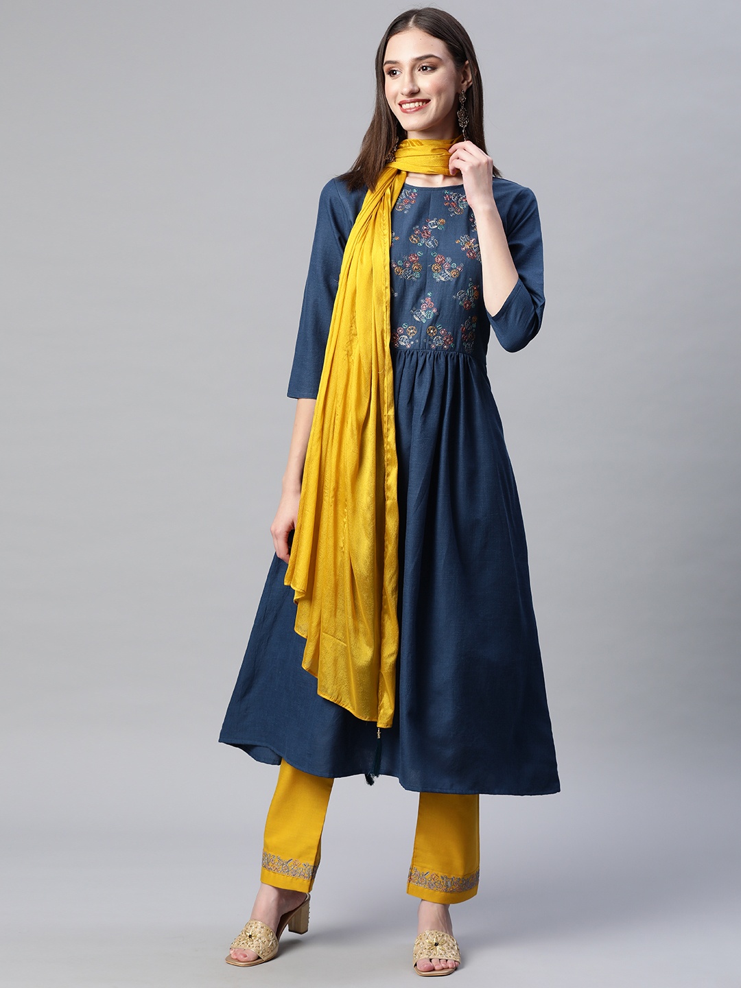 

SheWill Women Navy Blue Ethnic Motifs Embroidered Pleated Kurta with Trousers & With Dupatta
