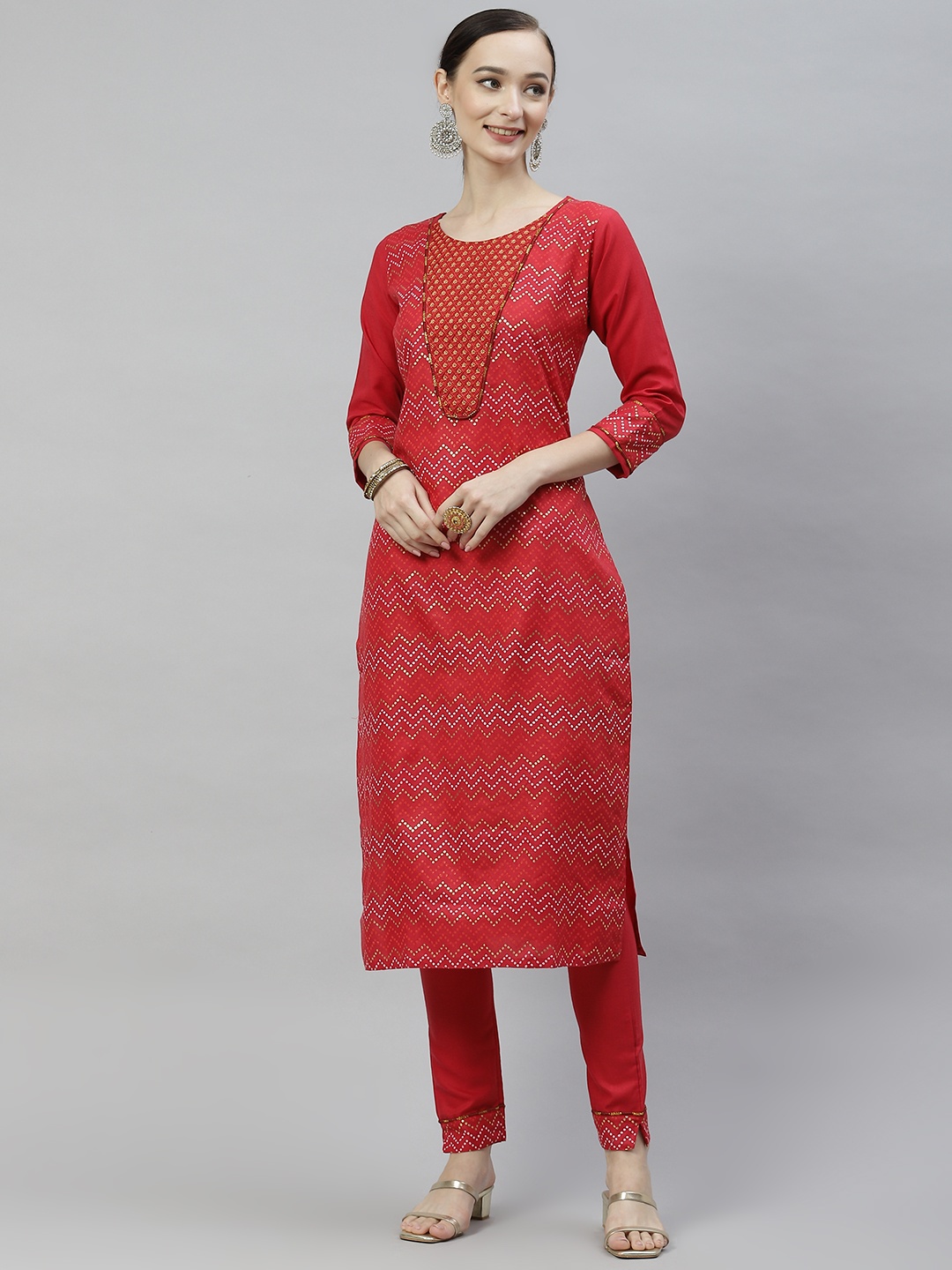 

SheWill Women Red Geometric Printed Yoke Embroidered Kurta with Trousers