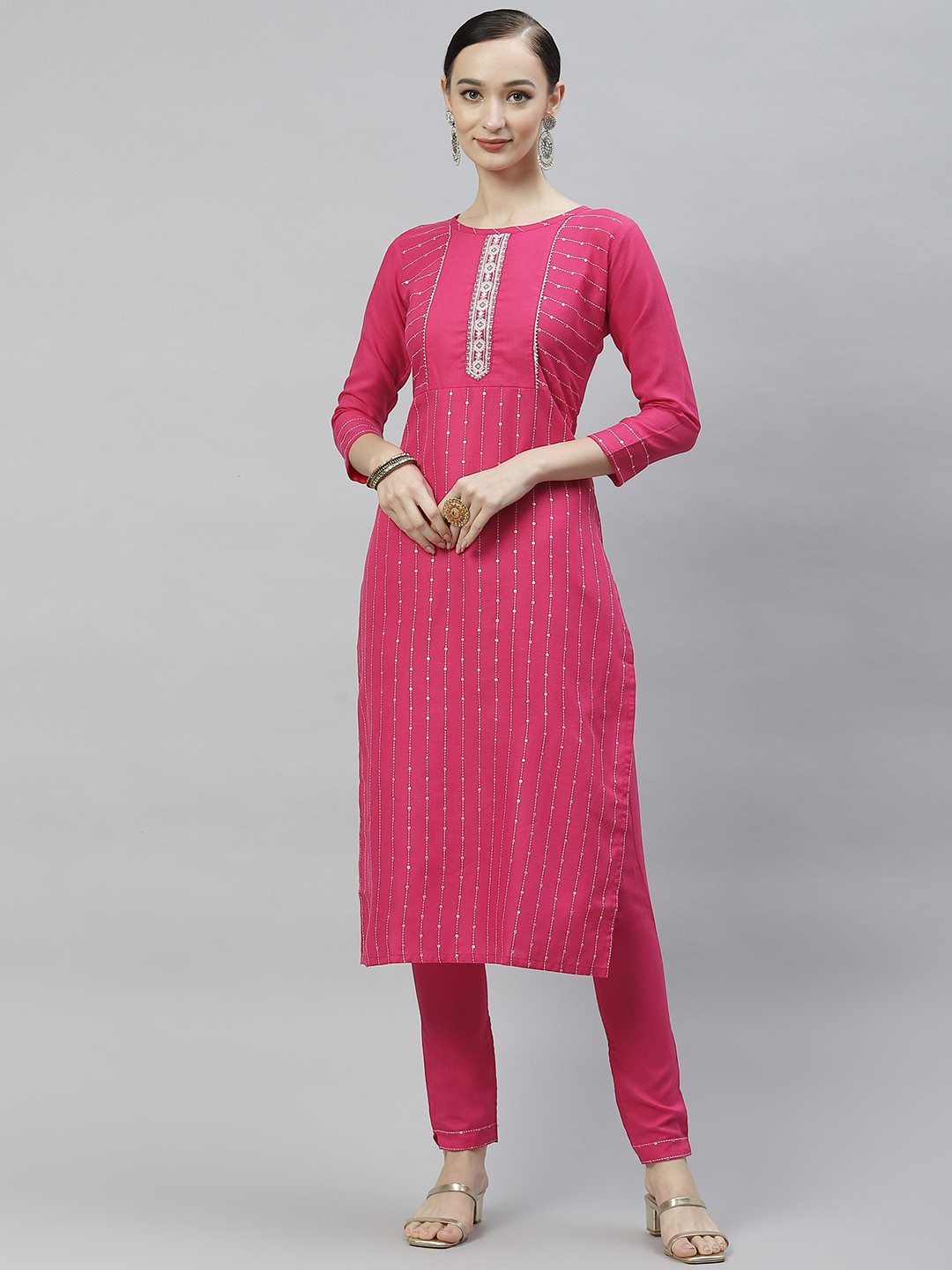 

SheWill Women Pink Striped Embroidered Yoke Detail Foil Printed Kurta with Trousers