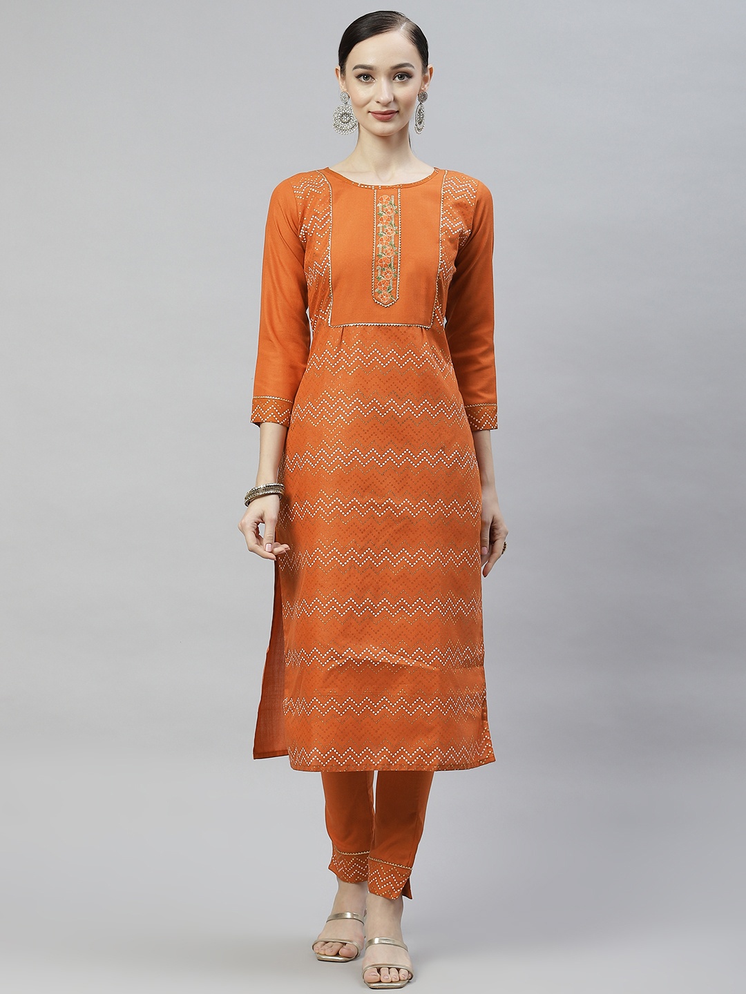 

SheWill Women Rust Orange Geometric Printed Yoke Embroidered Kurta with Trousers